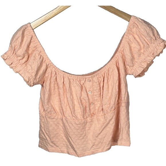 Billabong Crop Top Puff Ruffle Short Sleeve Smocked Large Beach Boho Romantic‎ - Picture 2 of 5